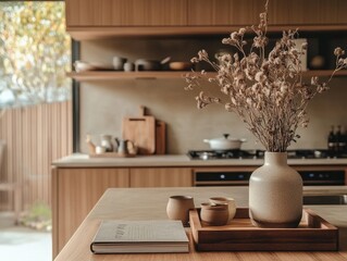 Wall Mural - A vase with flowers on a table in a kitchen. The vase is on a tray and the tray is on a table