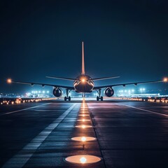 Fototapete - Airplane preparing for night takeoff on illuminated runway surrounded by navigation lights. Generative AI