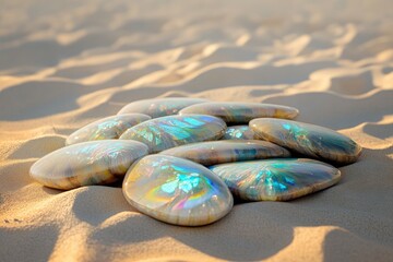 Wall Mural - Iridescent, polished stones rest on a sandy beach, bathed in warm sunlight.