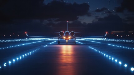 Fototapete - Illuminated airplane on runway surrounded by navigation lights at night in a busy airport setting. Generative AI