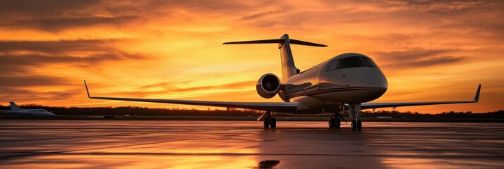 Fototapete - Golden sunset backdrop highlights airplane silhouette on airport runway during evening hours. Generative AI