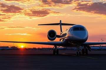 Poster - airplane silhouette against a vibrant golden sunset in a serene airport setting. generative ai