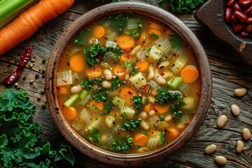 Canvas Print - There is a bowl of soup with carrots, beans, and greens, food background