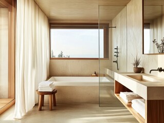 Wall Mural - A bathroom with a bathtub, sink, and a mirror. The bathtub is white and has a wooden stool next to it. There are towels on a shelf next to the sink