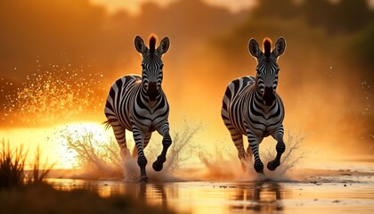 Two zebras gallop across shallow river at golden hour. Water splashes as run. African savanna scene. Fast animals. Beautiful wildlife in nature. Scenic safari moment. Travel adventure. Golden light.