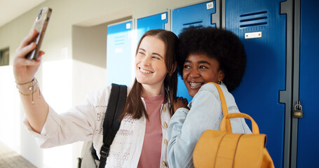 Poster - Smile, student and selfie of girl at locker for education, growth or development in college. Campus, scholarship and happy women in hallway with backpack, memories and friend support for learning