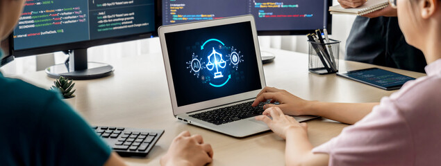 Poster - AI ethics responsibility standard law and rules on computer screen provide report of AI ethic transparency preventing technology crime. brisk