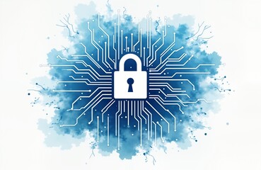 Poster - digital watercolor illustration shows white lock icon surrounded by abstract blue circuit board patt