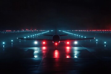Fototapete - Airplane prepares for takeoff on illuminated runway surrounded by navigation lights at night. Generative AI