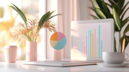 Poster - Cozy home office workspace with laptop plants and data visualization