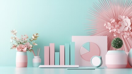 Poster - Elegant Pink and Green Floral Display with Books and Shelves for Branding and Product Mockup