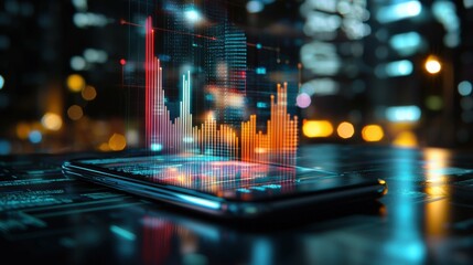 Poster - Futuristic Digital Data Visualization with Colorful Cityscape and Finance Infographics in Dark Night Urban Background