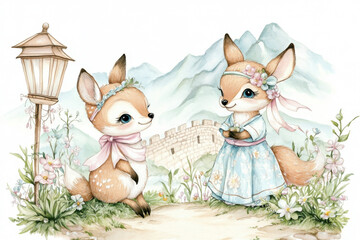 Cute illustrated foxes in whimsical setting, wearing floral accessories and traditional attire, surrounded by flowers and mountains. charming scene of friendship and nature