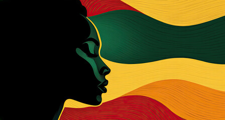 Black History Month background. African-American woman face in profile in red yellow green orange colors background. Juneteenth freedom day. Racial equality, freedom, human rights day