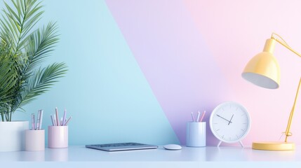 Poster - Minimalist Desk Workspace with Lamp and Greenery in Pastel Tones
