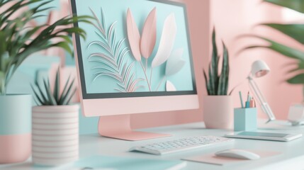 Poster - Tranquil Workspace with Minimal Desk Setup and Pastel Decor Elements for Productive and Inspiring Digital Environment