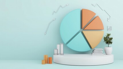 Poster - Pastel Colored 3D Pie Chart and Statistics Graph on Minimalist Studio Background