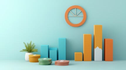 Poster - Colorful Geometric Abstract Cityscape with Charts and Infographics on Minimalist Blue Background