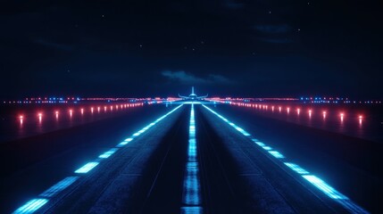 Aufkleber - Illuminated runway at night with airplane preparing for takeoff surrounded by navigation lights. Generative AI