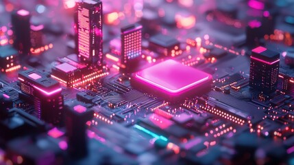 Poster - Vibrant Futuristic Electronic Circuit Board with Glowing Microchips and Geometric Patterns