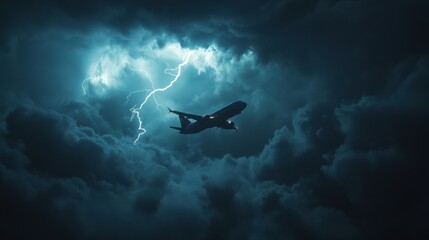 Poster - Airplane navigates through turbulent storm clouds illuminated by lightning at nighttime. Generative AI