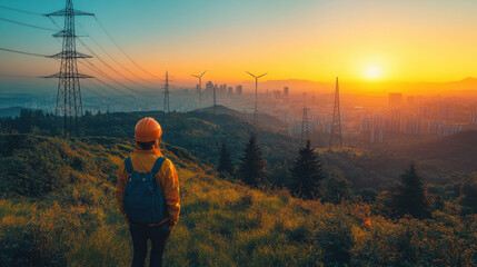 person in safety helmet gazes at stunning sunset over city skyline, surrounded by power lines and wind turbines, creating serene and inspiring atmosphere