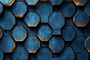 Poster - Graphic hexagonal pattern in blue and gold tones creates a modern aesthetic