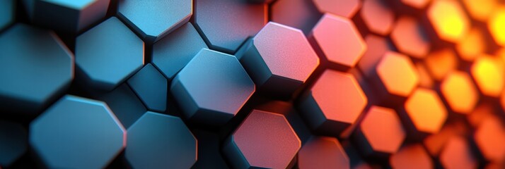 Poster - graphic pattern featuring interconnected hexagons in vibrant blue and orange tones