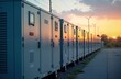 © Vadym - Advanced battery storage systems for renewable energy are in row. Sunset light shines on modern tech boxes. Wind turbines are in background. Eco-friendly power storage. Renewable energy innovation.