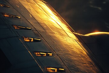 Poster - sunset illuminates the wing of an airplane during evening flight above the clouds. generative ai