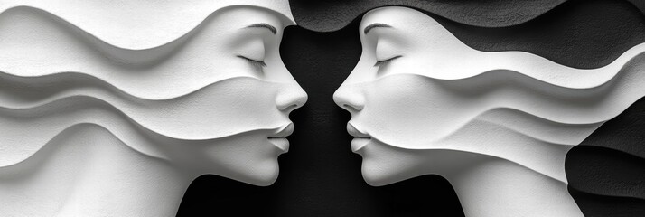Poster - Black and white abstract figures represent connection and harmony between two faces