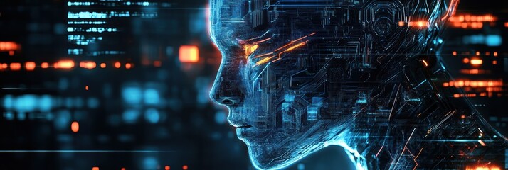 Poster - Futuristic cyberpunk face showcasing intricate patterns and glowing features in vibrant colors