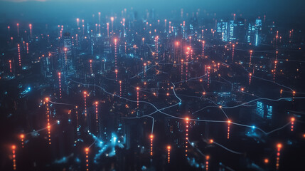 Abstract business man stands on Smart digital Innovation city with connection network reciprocity over the twilight cityscape. of future wireless digital city and social media networking systems