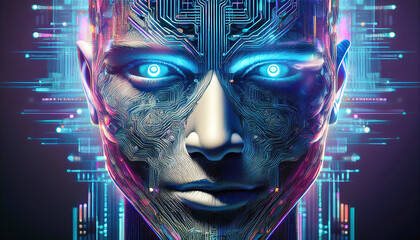 Poster - Futuristic Humanoid With Glowing Circuitry and Vibrant Neon Elements in a Digital Landscape