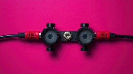 Poster - A clamp ammeter with red and black leads on a bold purple-pink background.