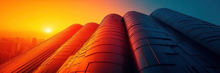 Poster - Sunset brightens modern skyline with sleek architecture and metallic surfaces