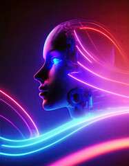 Poster - Futuristic Robotic Visage Illuminated by Vibrant Neon Lights in an Abstract Cybernetic Theme
