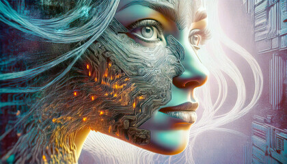 Poster - Exploring the Intersection of Technology and Humanity in a Futuristic Portrait