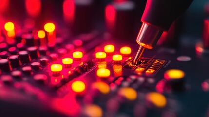Poster - A close-up of a multimeter testing circuit voltage on a deep black background.