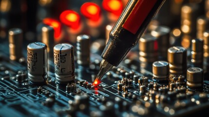Poster - A close-up of a multimeter testing circuit voltage on a deep black background.