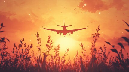 Poster - Silhouette of airplane in front of stunning golden sunset over grassy landscape. Generative AI
