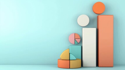 Poster - The abstract geometric composition featuring a variety of pastel colored 3D shapes and forms arranged in a visually striking and harmonious