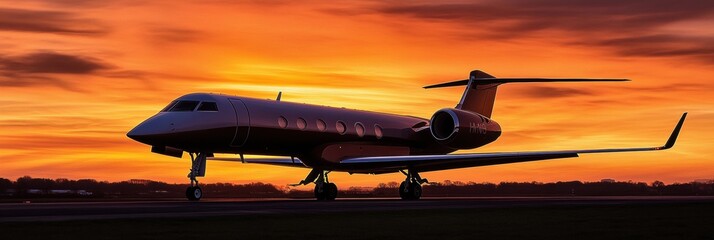 Poster - Silhouette of a private jet against a vibrant golden sunset over the horizon. Generative AI