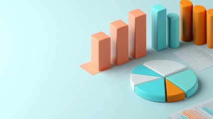 Poster - Colorful data visualization and financial analysis charts on light turquoise background showcasing business statistics and trends