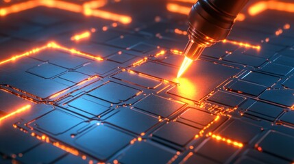 Poster - A glowing soldering iron tip with reflective metal components on a neon blue background.
