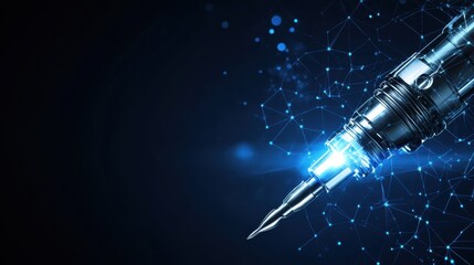 Poster - A glowing soldering iron tip with reflective metal components on a neon blue background.