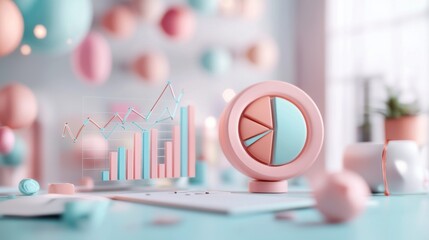 Poster - Abstract pink and pastel infographic chart on modern desk with geometric shapes and patterns
