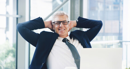 Aufkleber - Success, portrait and laptop with business man in office for corporate venture capital, deal closer or private equity. Planning, finance return and satisfied with mature employee for portfolio assets