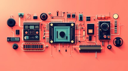 Poster - A transistor circuit diagram overlayed on a realistic transistor, set on a smooth pastel peach background.