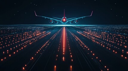 Fototapete - Airplane on illuminated runway at night with vibrant navigation lights enhancing visibility and safety. Generative AI